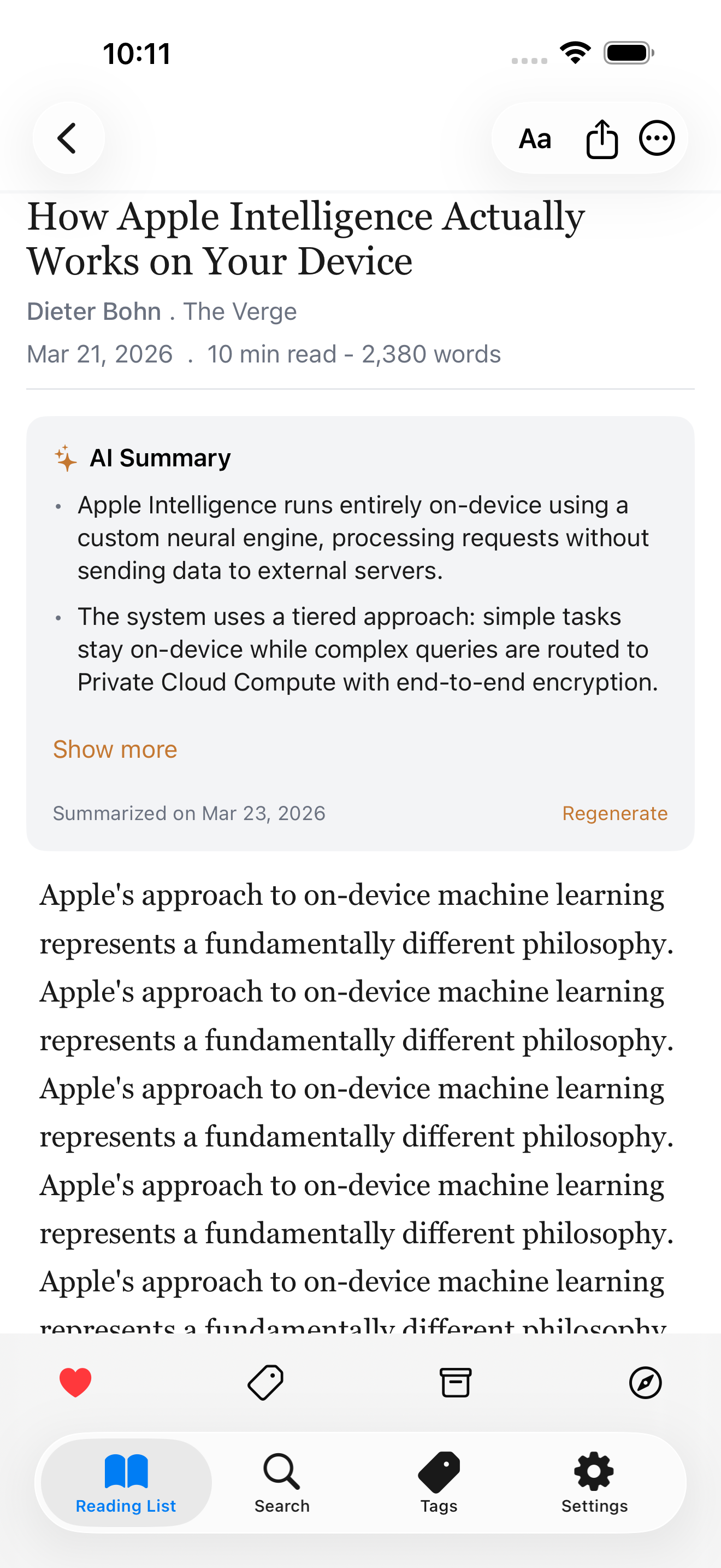 On-device AI summary with key points