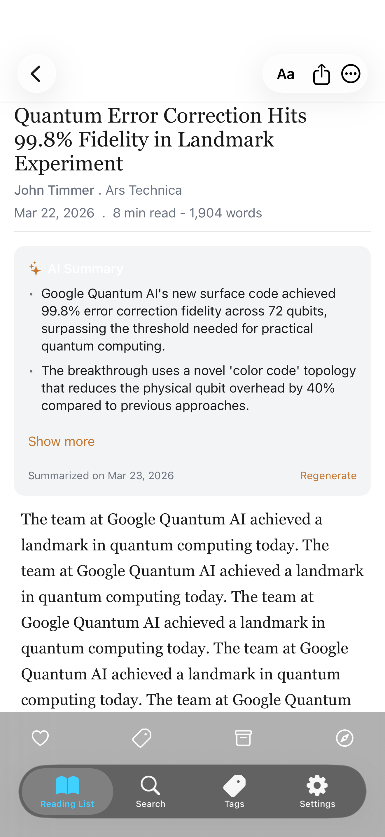 Article reader in dark mode