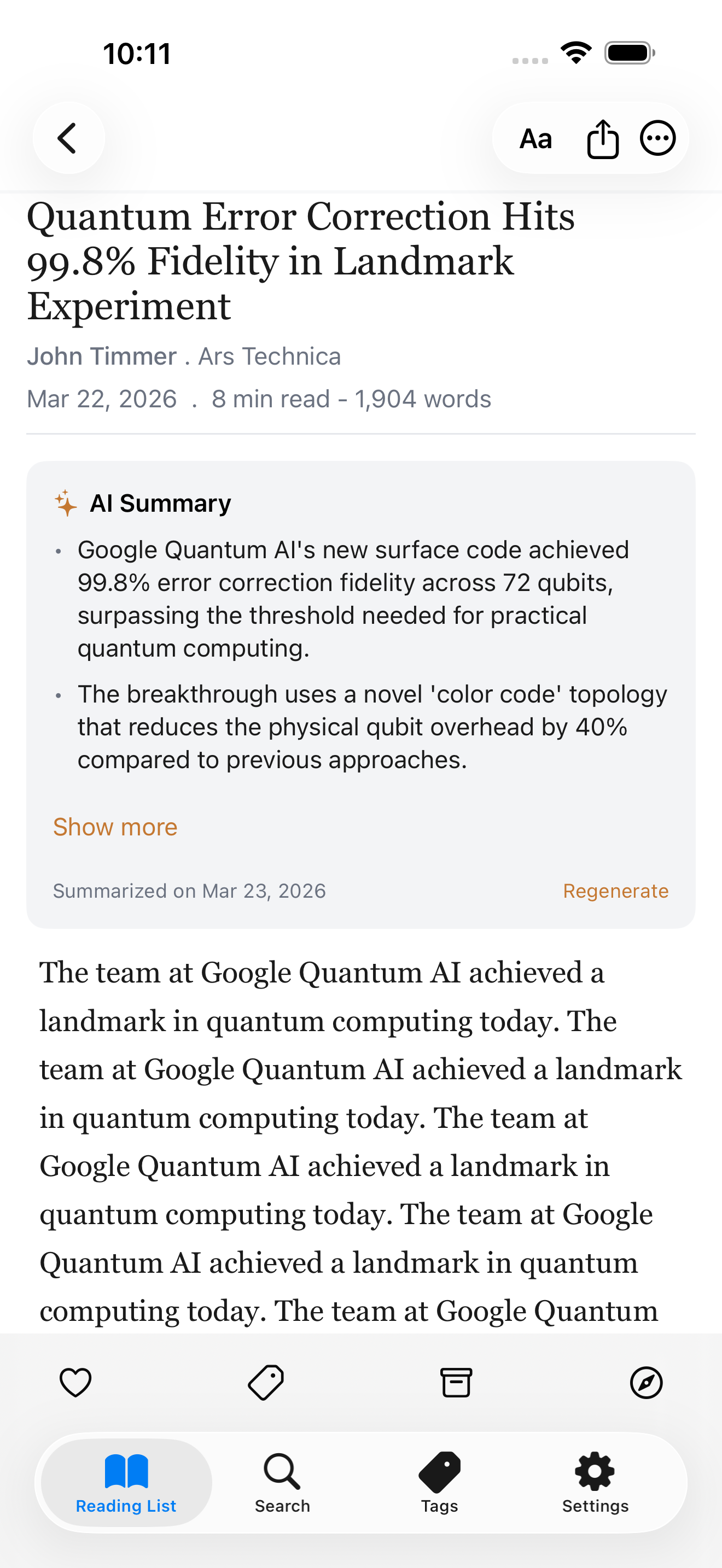 Article reader with clean typography