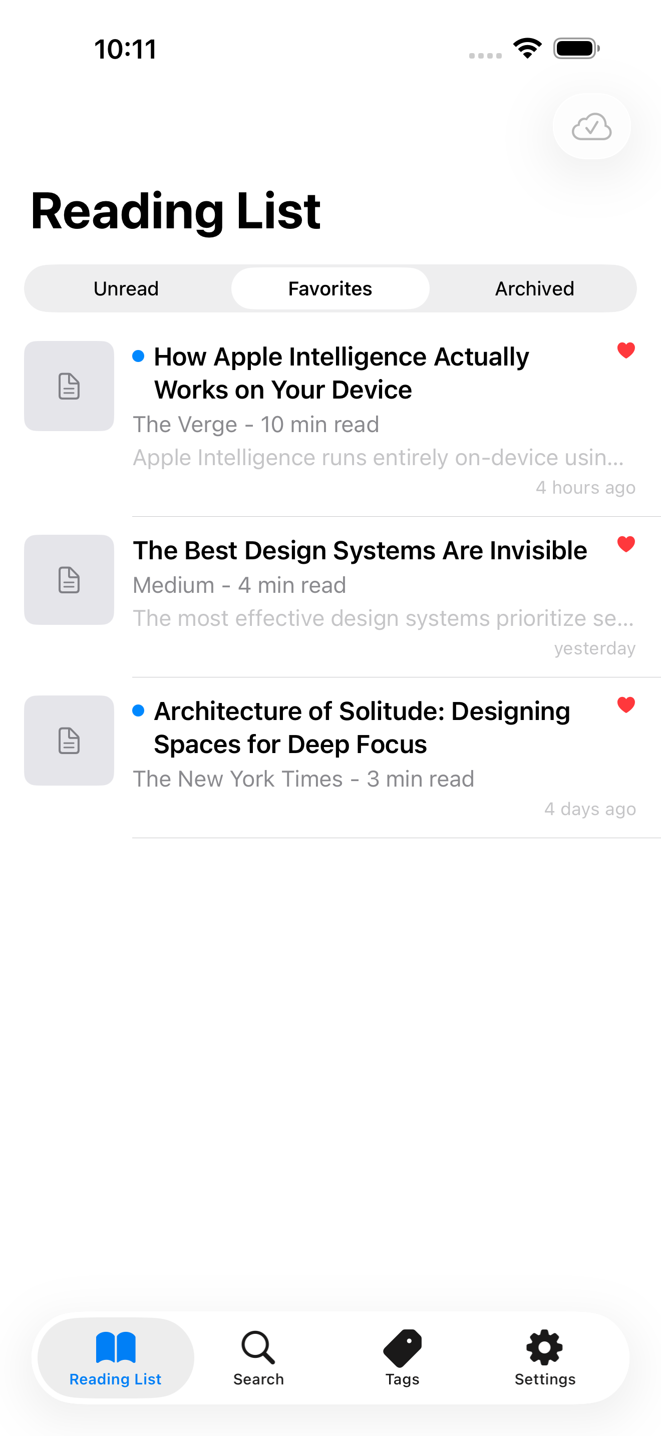 Favourited articles view