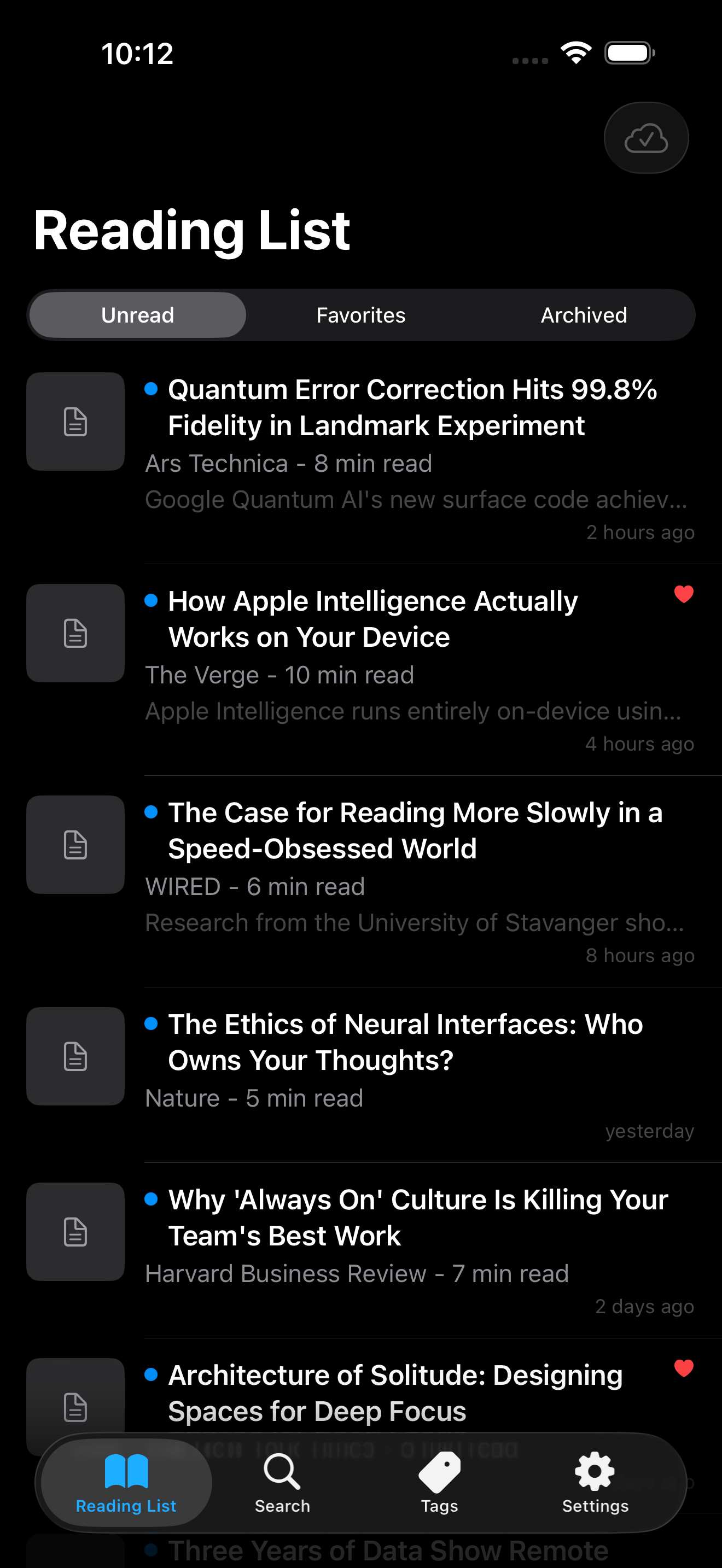 Reading list in dark mode