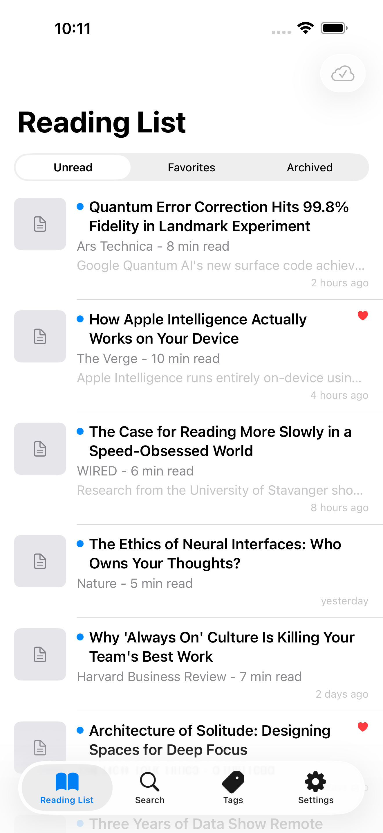 Reading list with saved articles