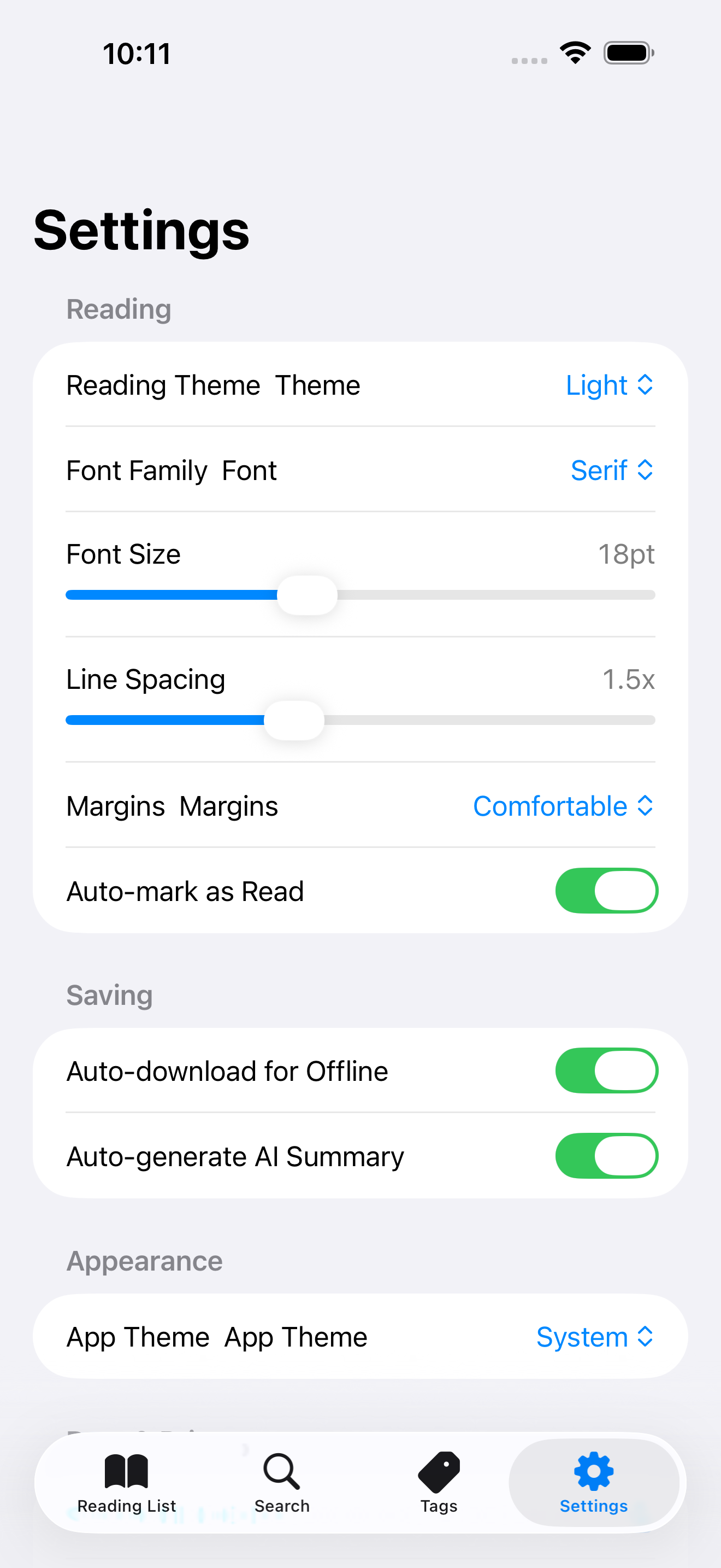 Settings with reading preferences